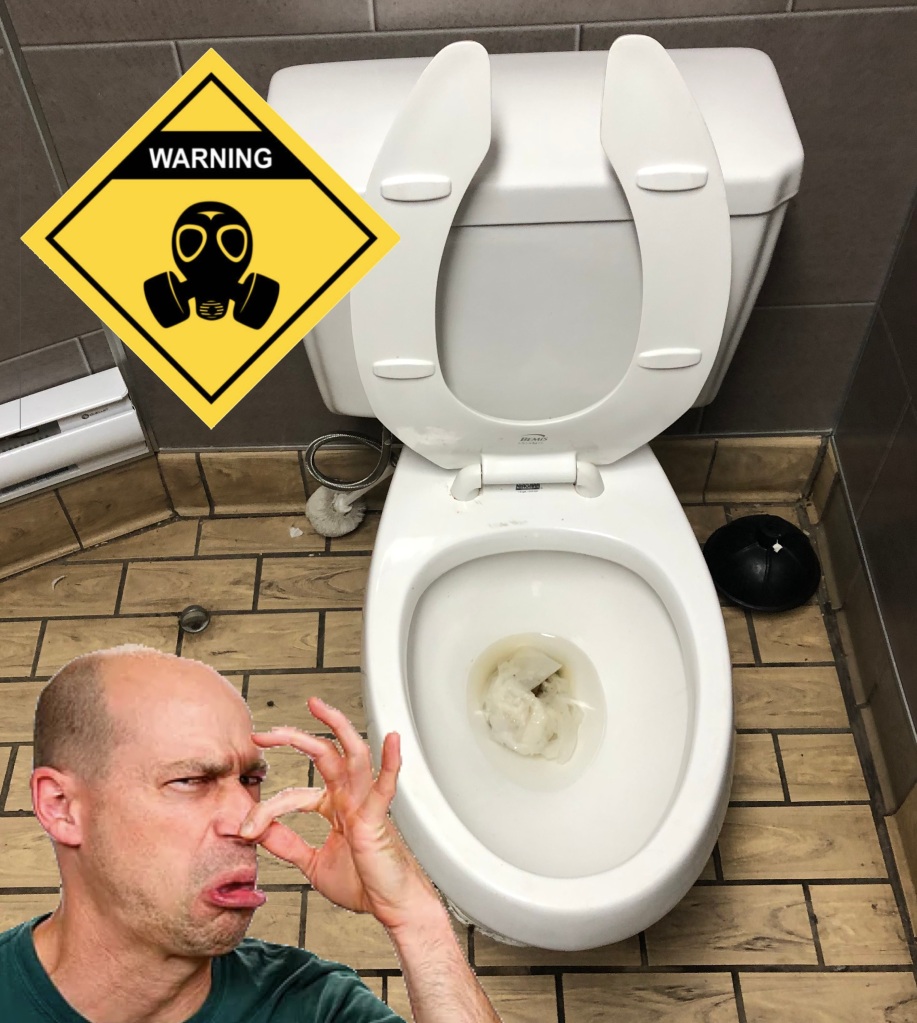 Toilet with a floater inside. A man holding his nose next to it. A gas mask symbol. 