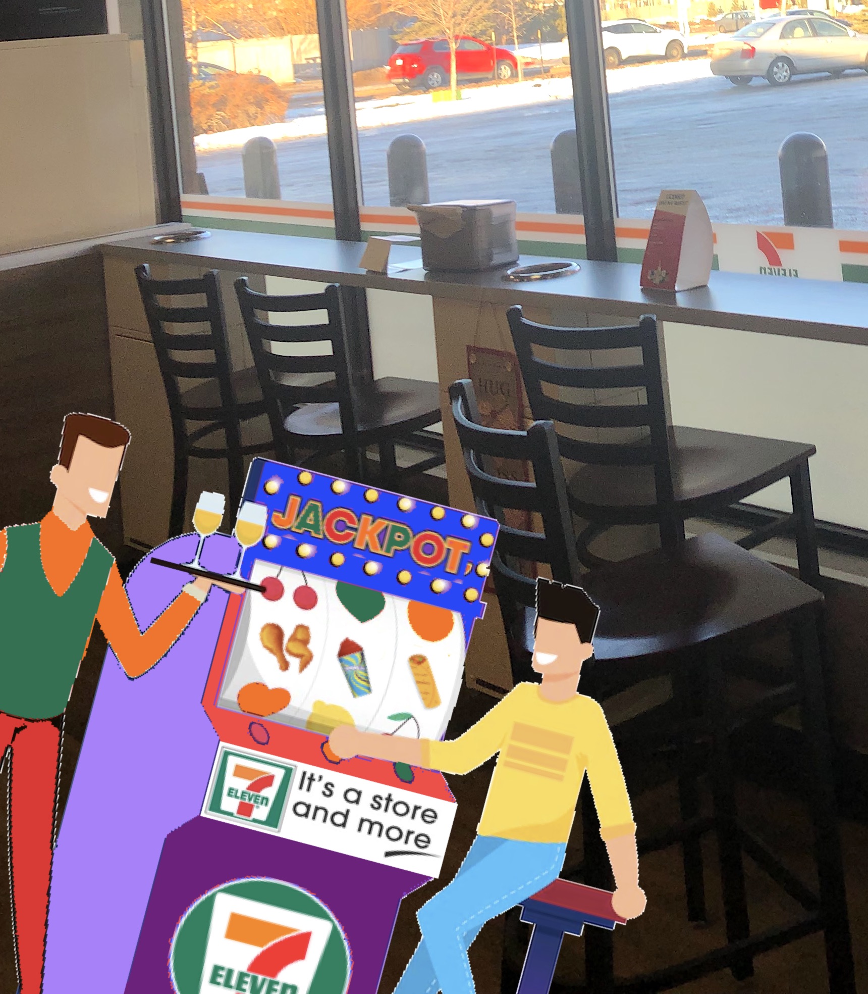 A 7-Eleven slot machine that says "It's a store and more." 