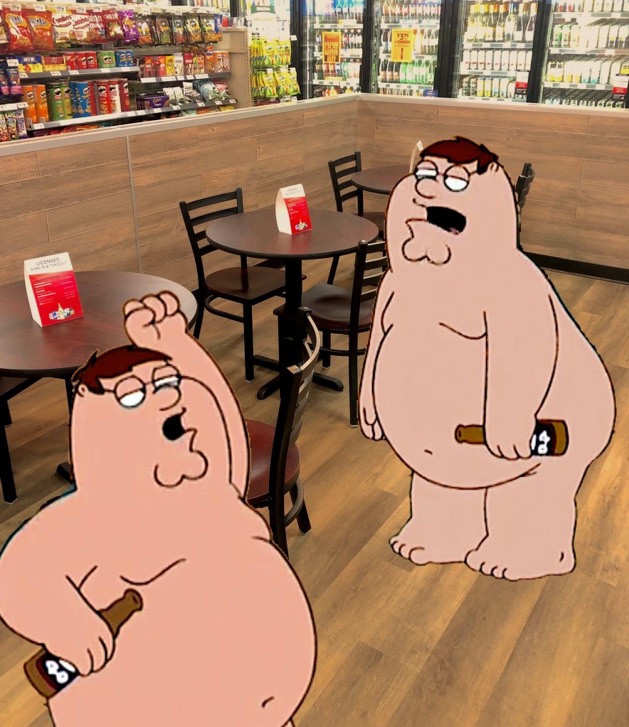 A shot of the dining area at 7-Eleven, with two large, drunk, naked cartoon men holding beer bottles. 