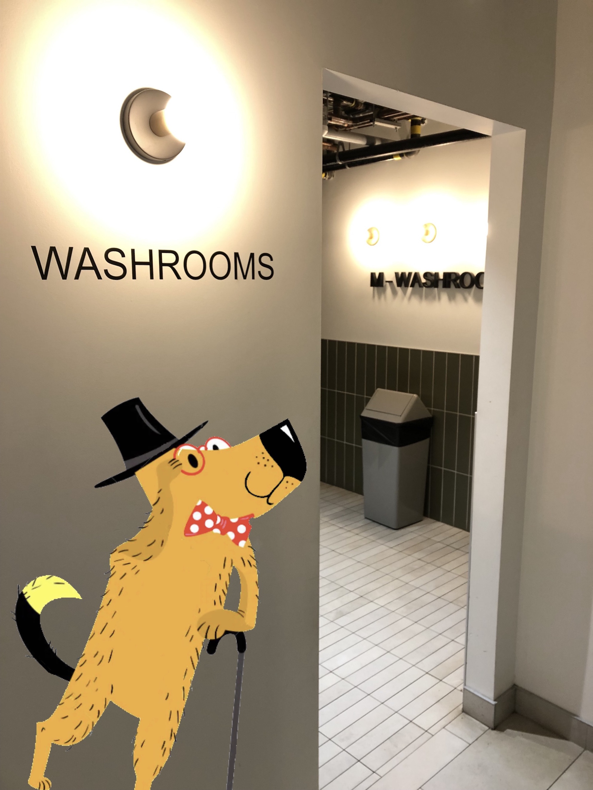 The bathroom entrance, with a dog wearing a top hat about to enter. 