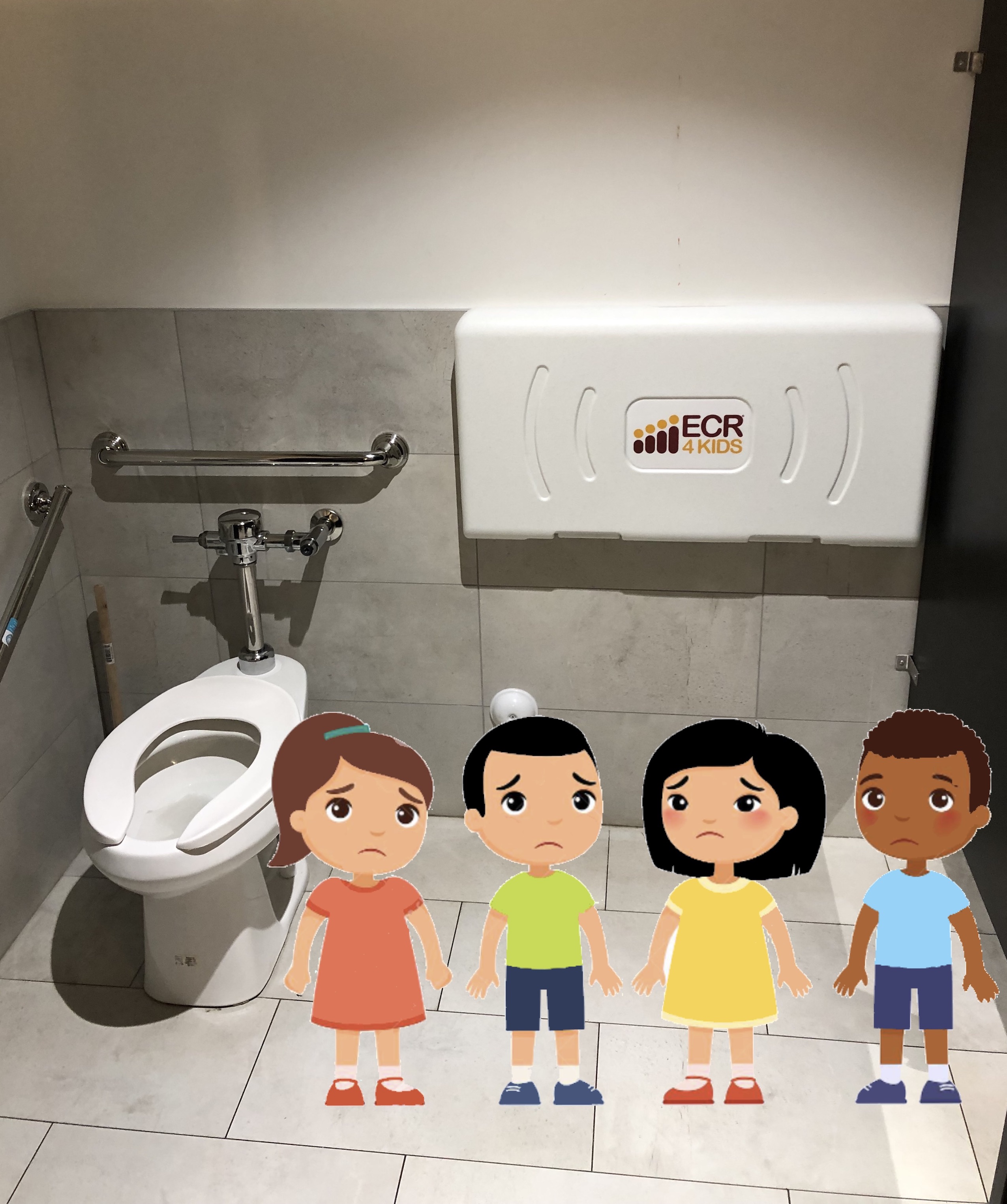 Interior of the stall with 4 cartoon children all looking lost and confused next to a 4kids sign.  