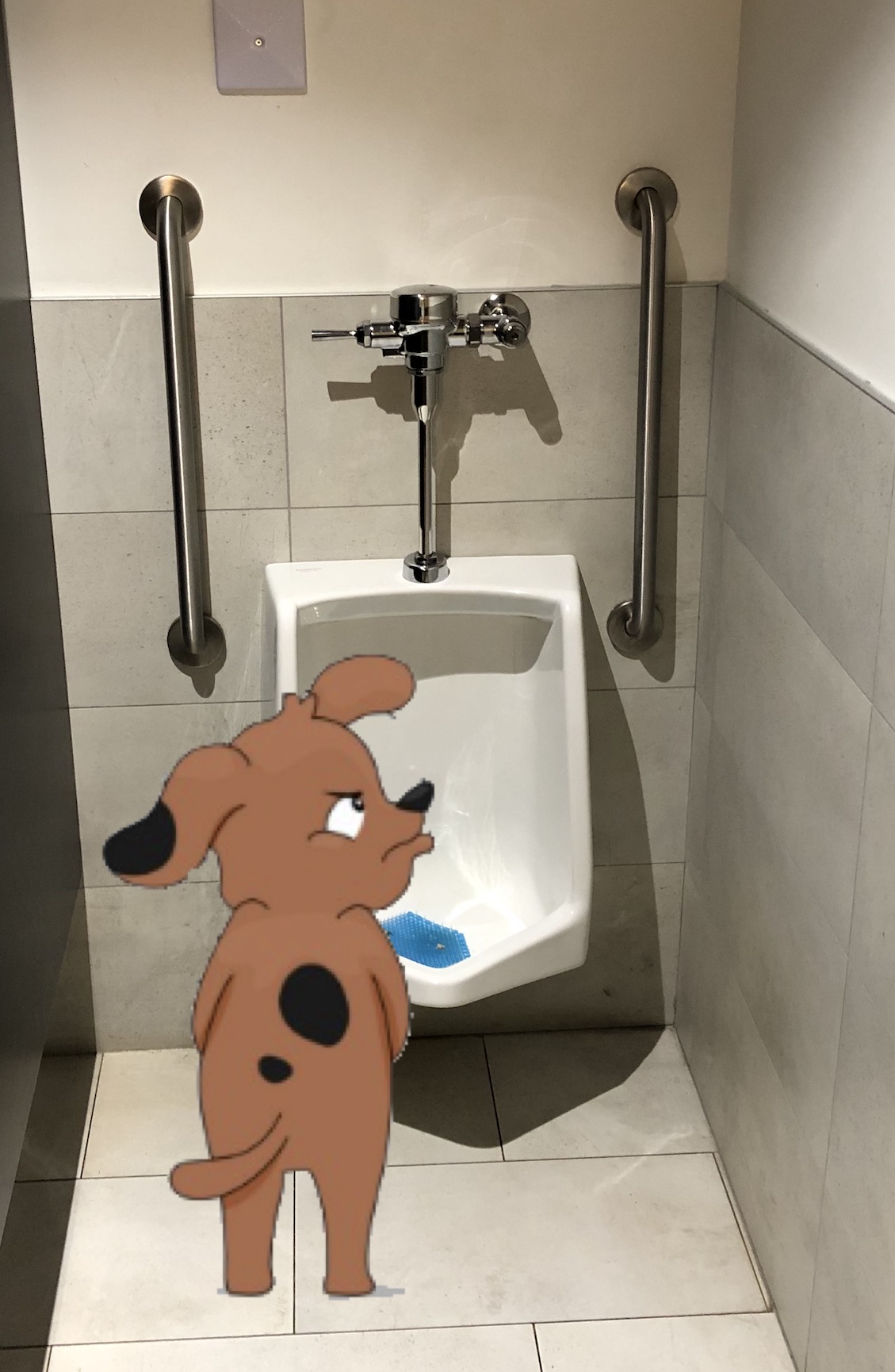 A brown cartoon dog peeing into the Cascade urinal, looking annoyed with being watched. 