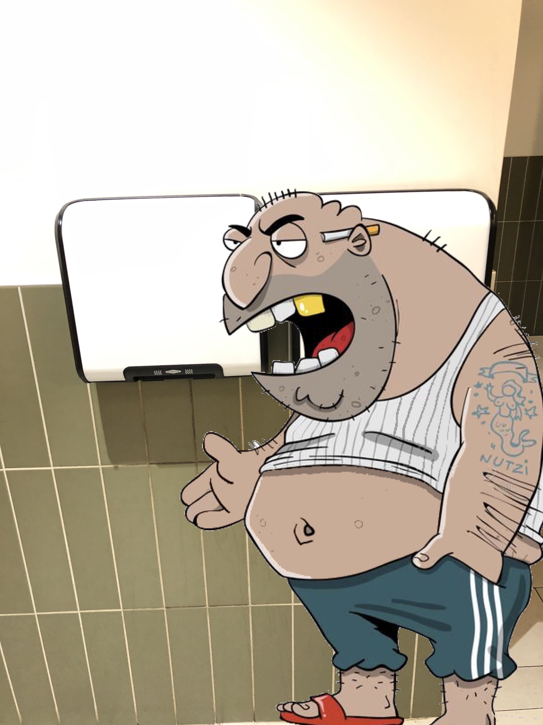 A giant, hairy, yellow-toothed cartoon man wearing a tank top and flip flops nearly covering the hand dryer with his size. 