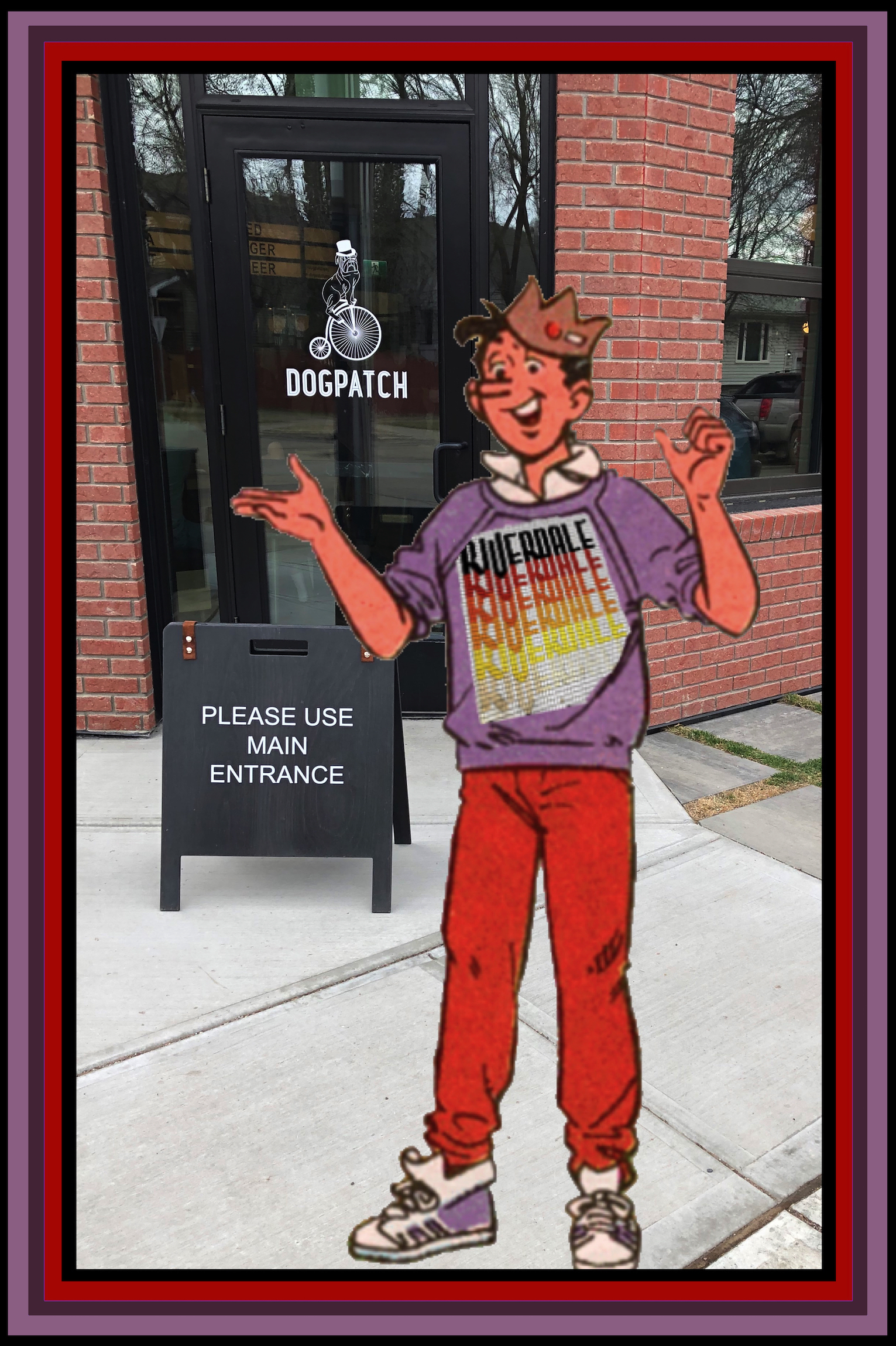 A burger-loving teen with a crown, wearing a sweater that has the previous Riverdale logo on it. 