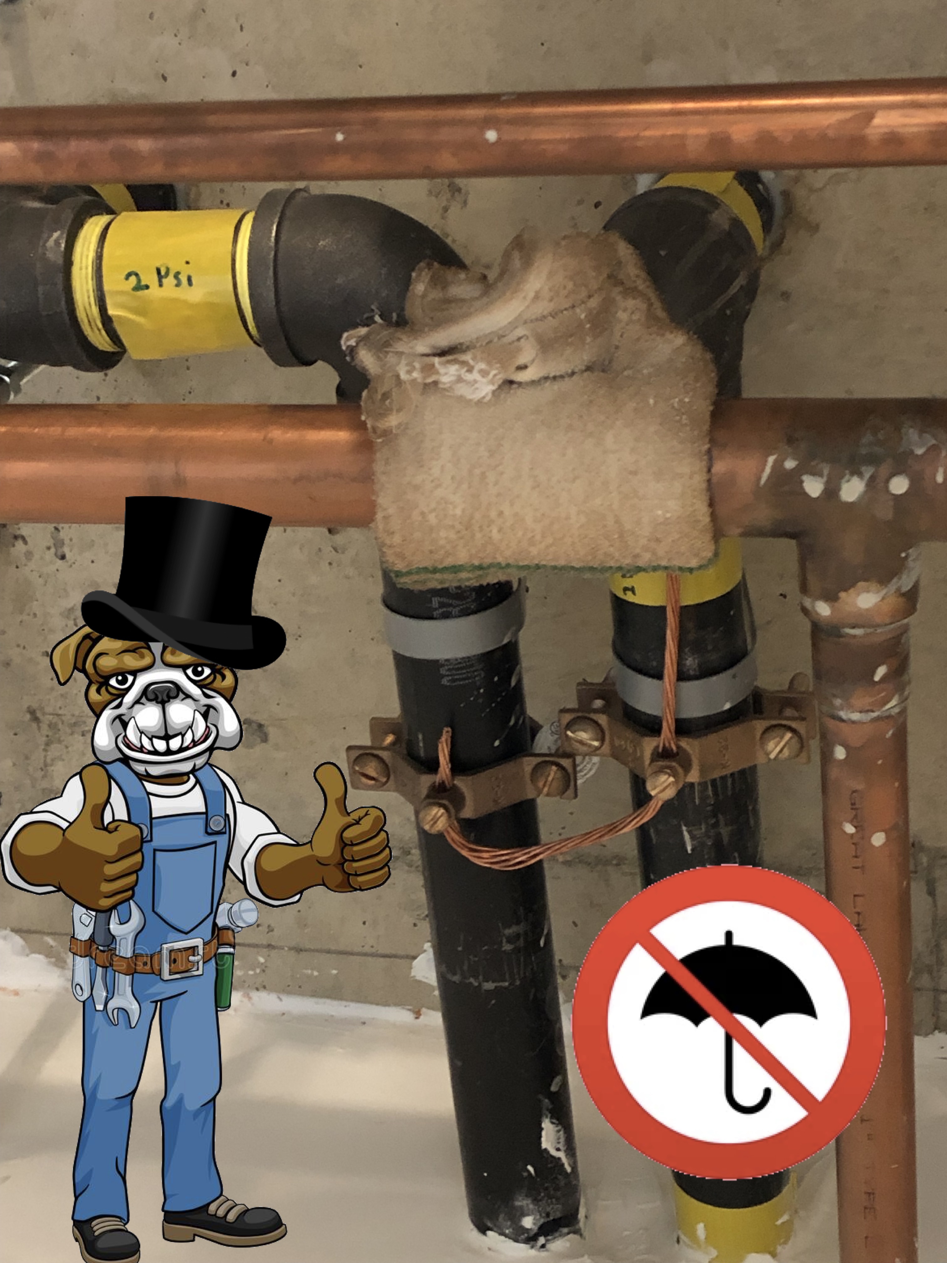 A rag tied to a pipe on the ceiling, with a bulldog plumber in over-alls giving a thumbs up.