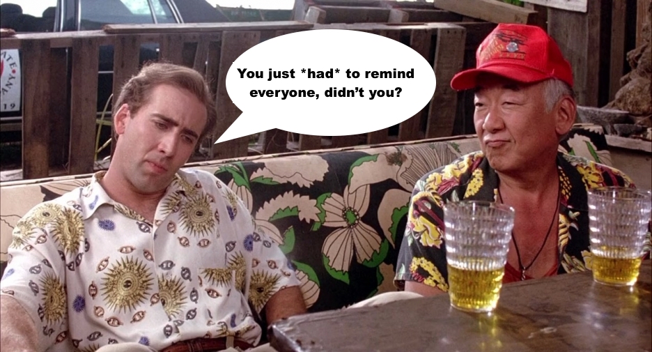 Screenshot from film Honeymoon in Vegas, where Nicholas Cage looks depressed, next to a drink.