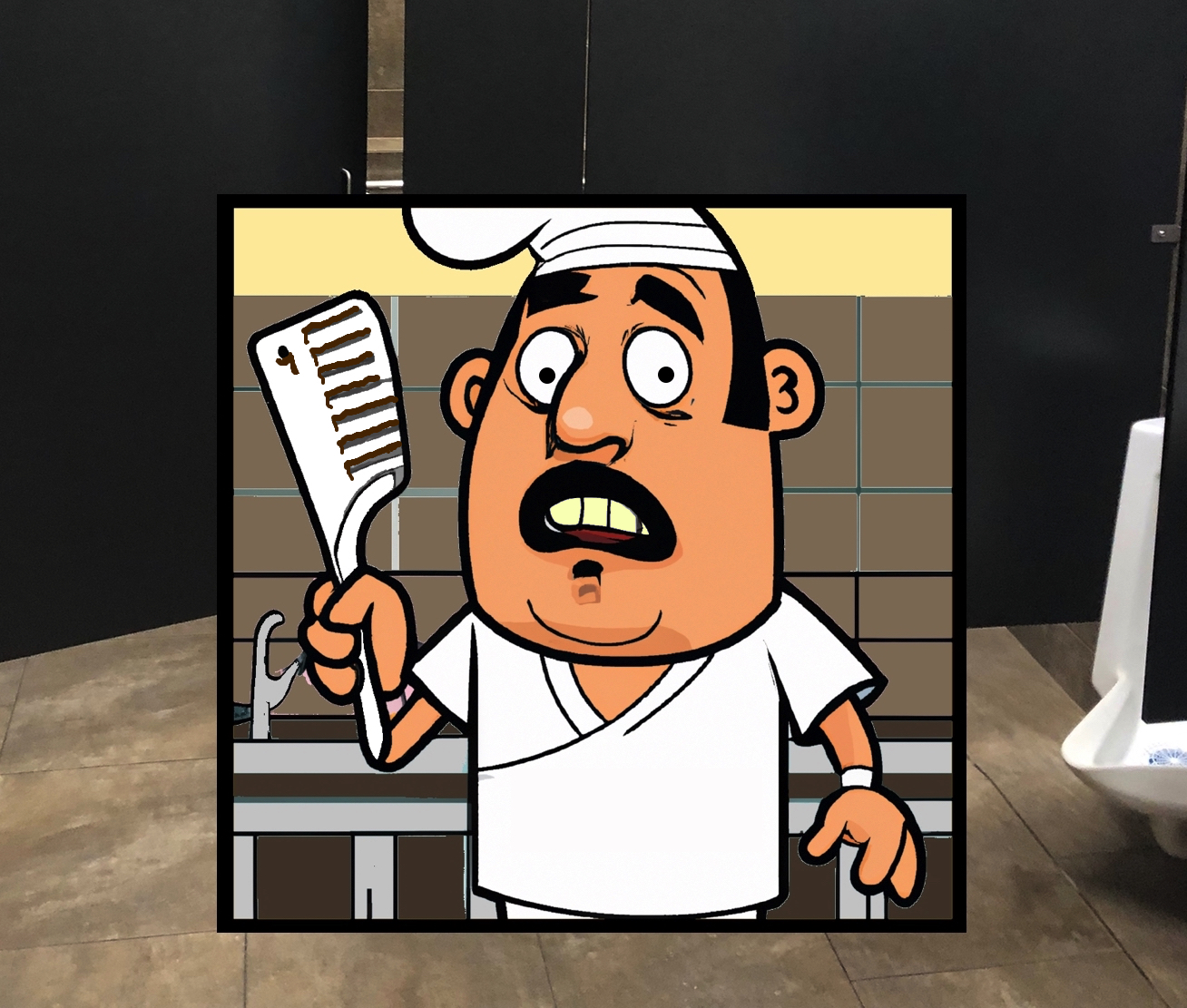 A cartoon chef holding a spatula looking surprised in a bathroom.