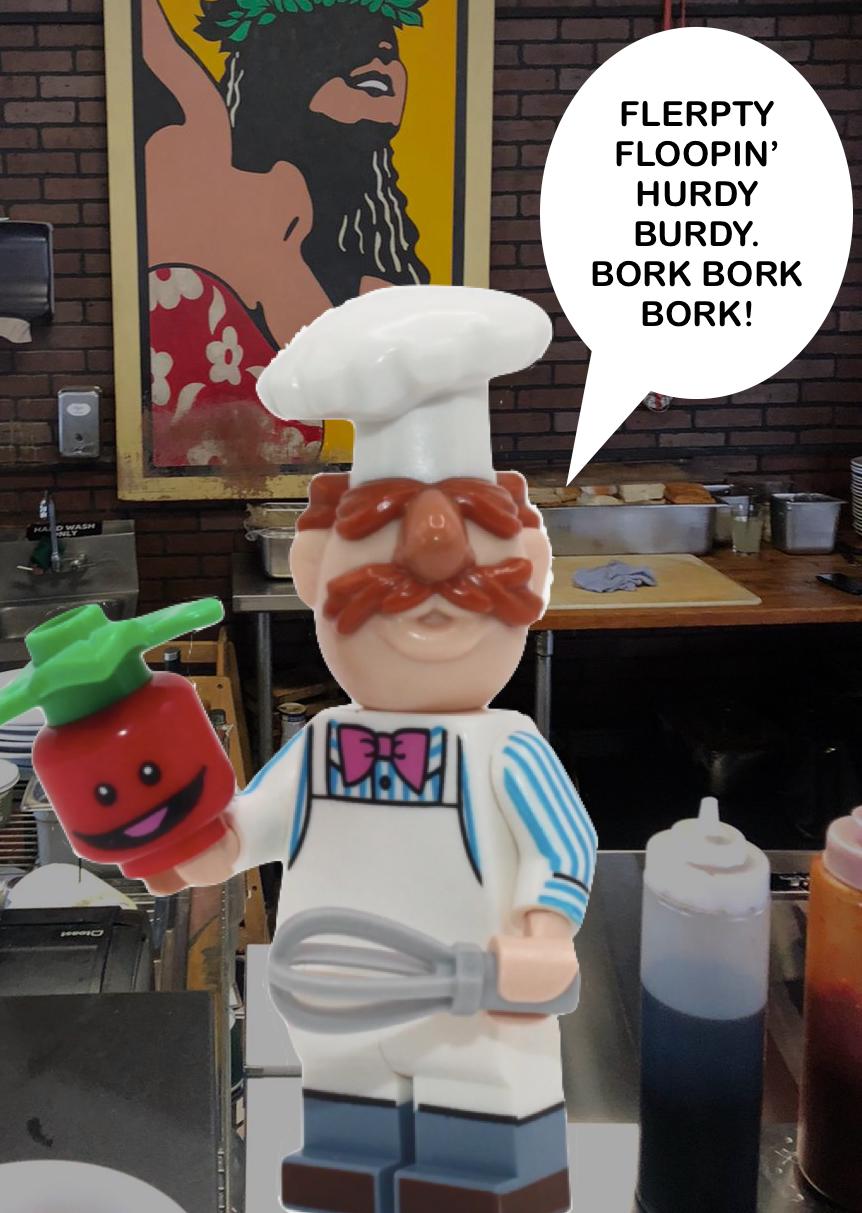 Lego version of the Swedish Chef on the Muppets saying "Flerpty Floopin' Bork Bork Bork!" 