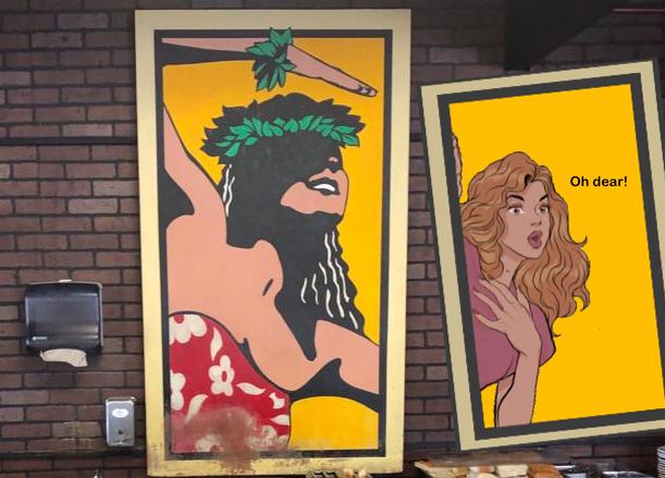 Café O'Lei Hula Girl painting next to another painting with a girl looking violated by the Hula girl. 