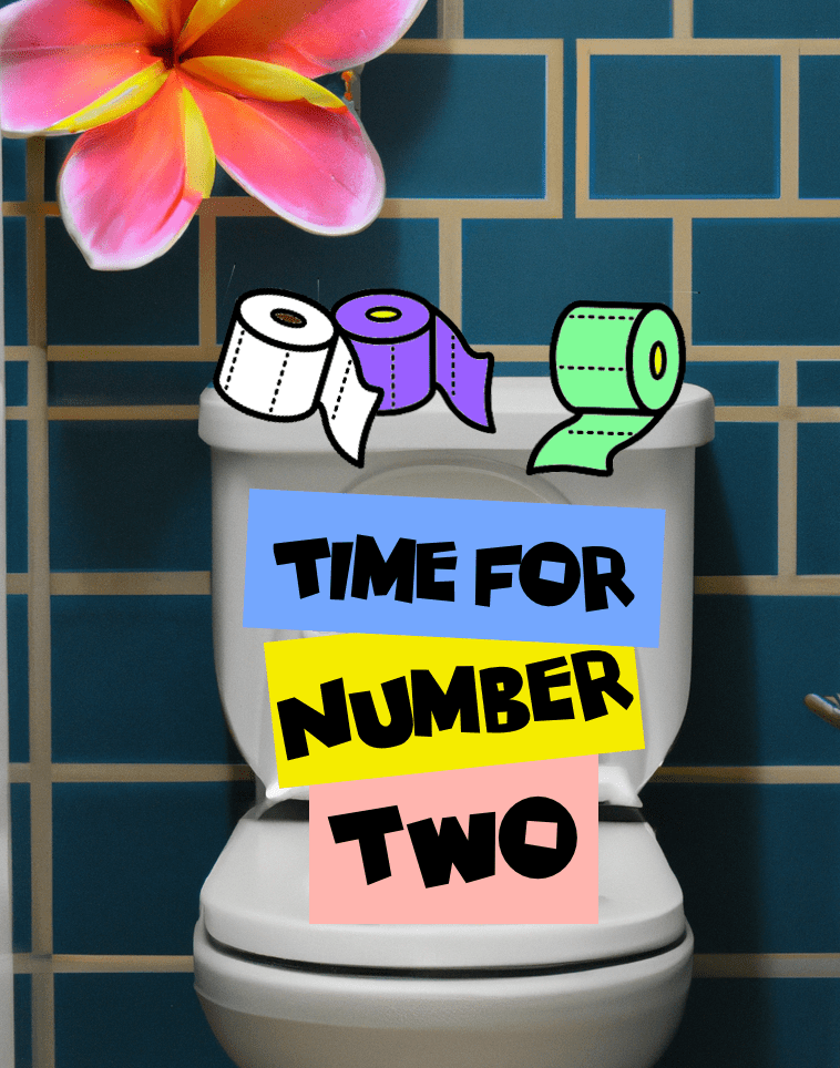 A plastic toilet with title "Time for number Two" in Tiki font. 3 Latrine Scene T.P. rolls are on the tank.