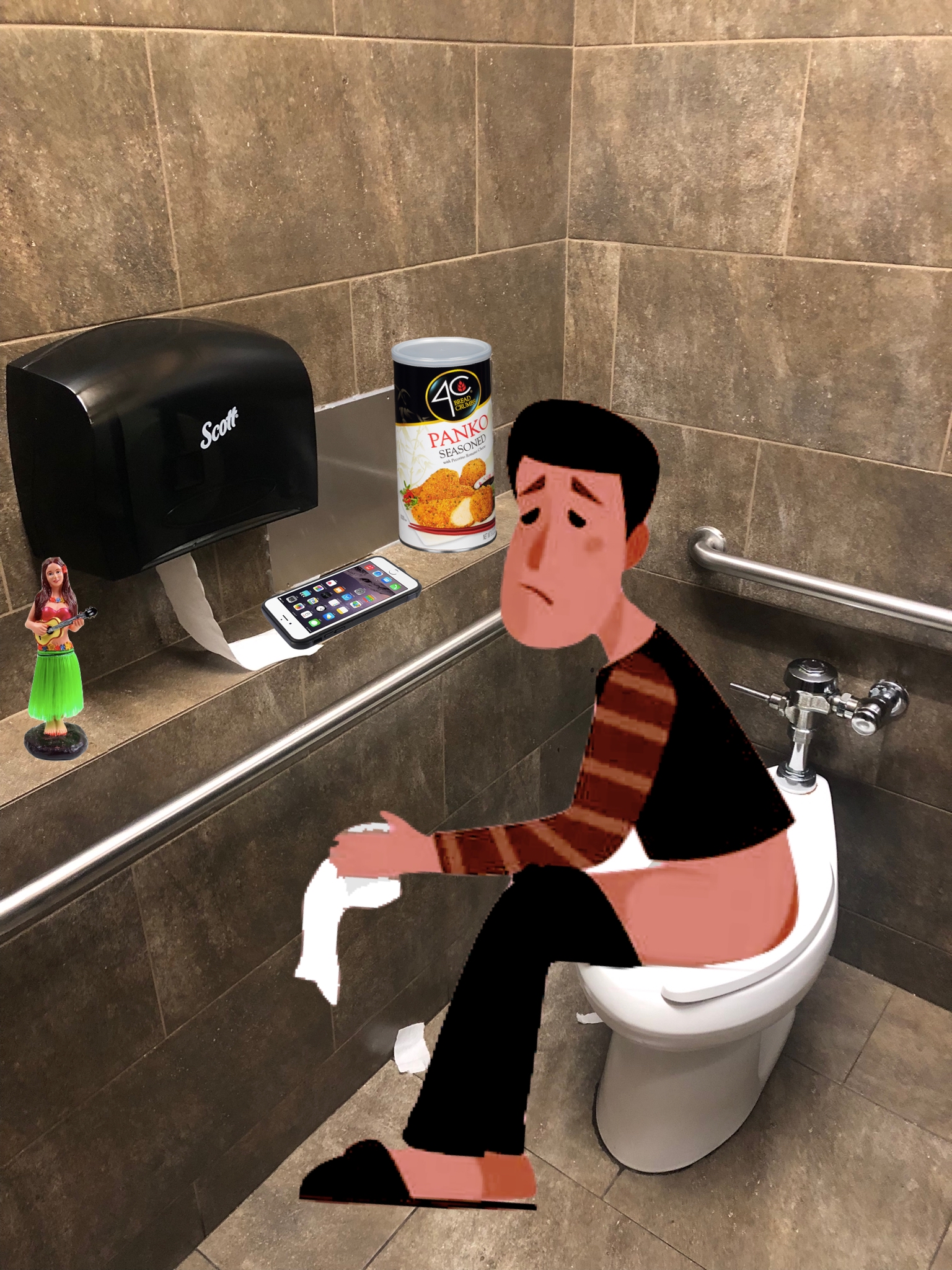 A frowning cartoon boy sitting on the toilet with his cell phone on the ledge. There is also a can of Panko and a Hula girl bobble head on the ledge. 