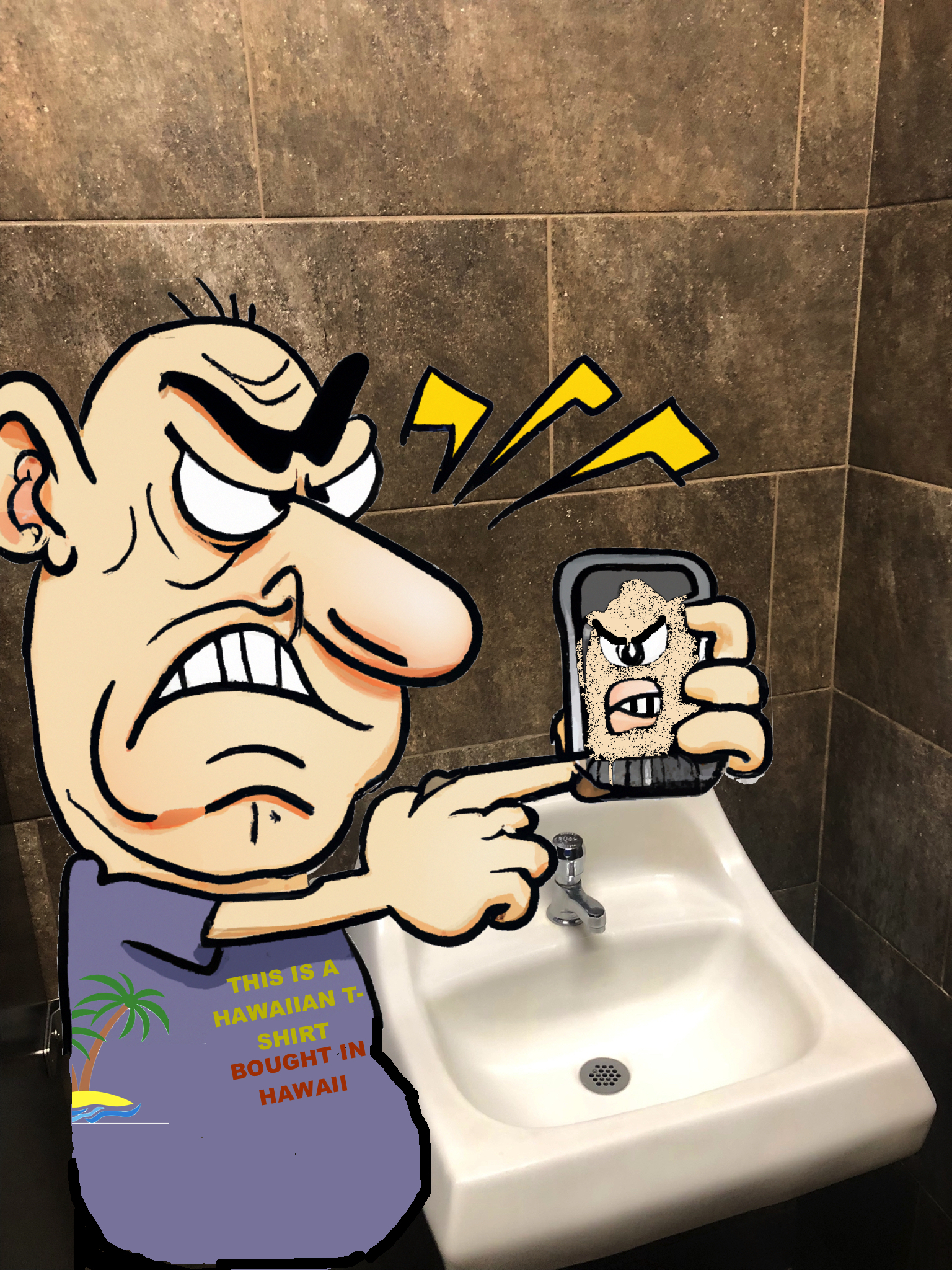 A grumpy man in front of the sink that has no mirror. He is using his phone as a mirror, but his reflection looks distorted.