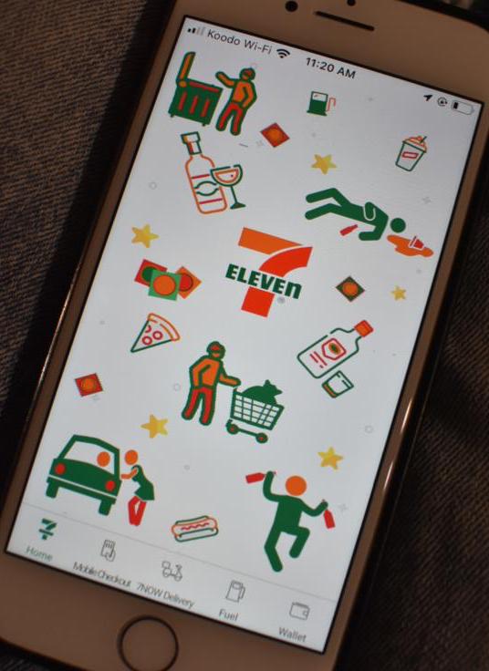 7-Eleven app screen featuring images of pizza, hot dogs, homeless people and hookers. 