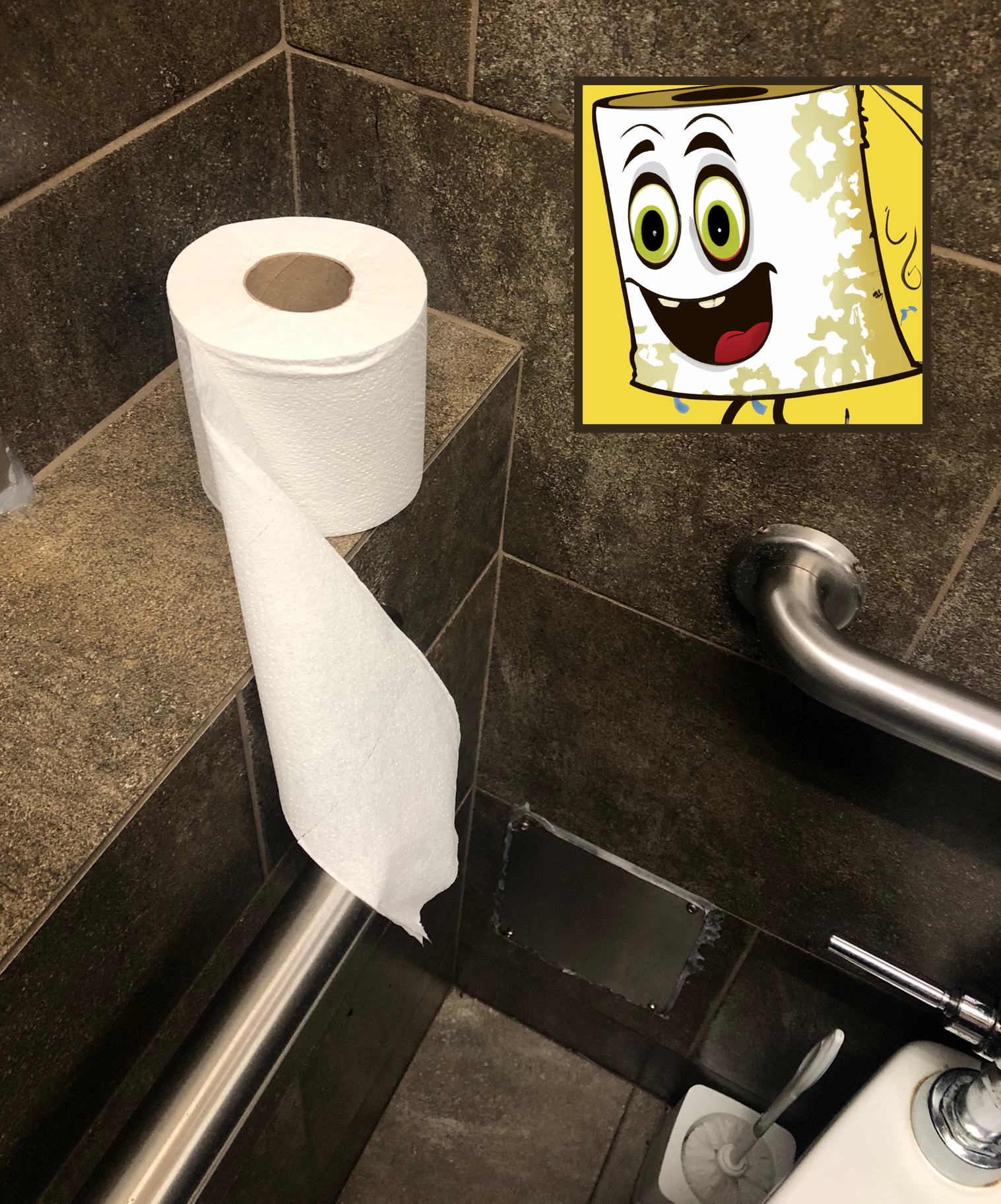 A toilet paper roll resting on its side on the ledge. Next to it is a dirty, smiling cartoon T.P. roll with yellow and brown stains.  